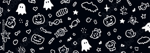 Vecteur de motif d'Halloween dessiné à la main avec des fantômes, des citrouilles et des bonbons sur fond noir.
