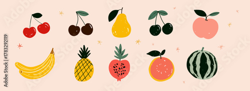 Collection de fruits stylisés et colorés, illustration vectorielle sur fond pastel