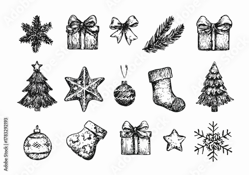 Ensemble d'éléments décoratifs dessinés à la main pour Noël, vecteur style croquis