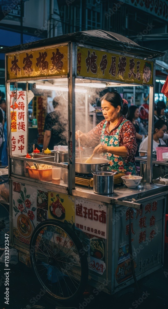 Obraz premium Mature woman prepares food at a brightly lit mobile street stall in a busy urban environment at night