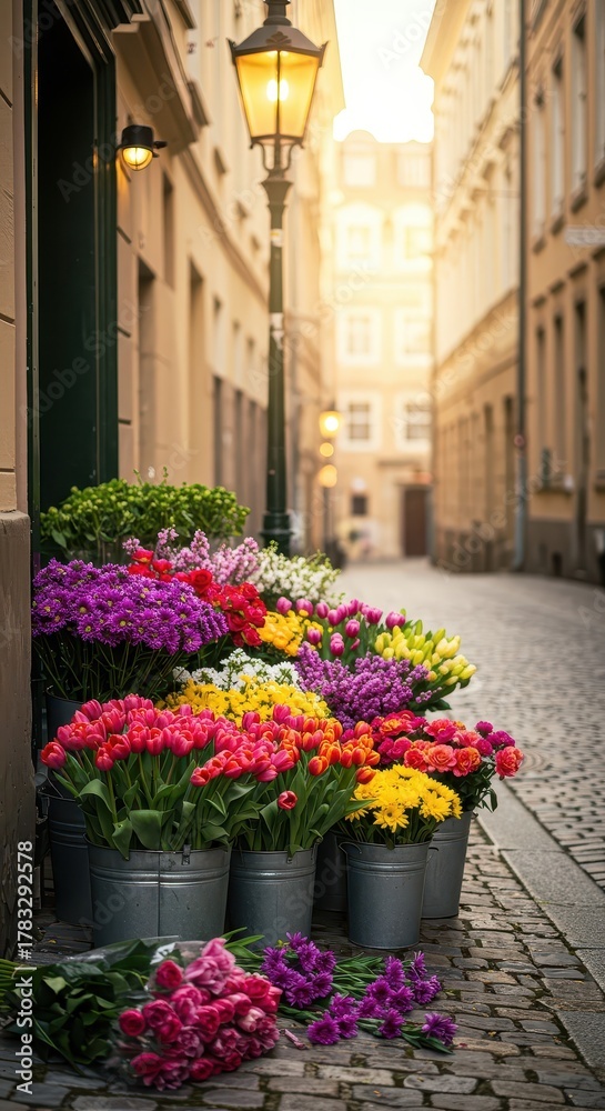 Fototapeta premium Vibrant multicolored fresh cut flowers displayed on a narrow cobblestone street with a glowing antique lamppost.