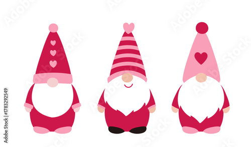 Valentine's Day gnomes flat vector illustration set.
Funny gnomes celebrate Valentine's Day cartoon.
Cute bearded elves clipart.