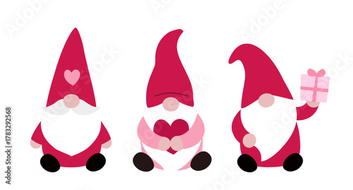 Valentine's Day gnomes flat vector illustration set.
Funny gnomes celebrate Valentine's Day cartoon.
Cute bearded elves clipart.