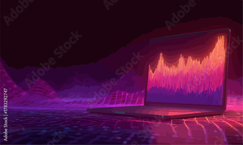 Ordinateur portable affichant un graphique de données coloré et abstrait avec des ondulations lumineuses dans l'obscurité.