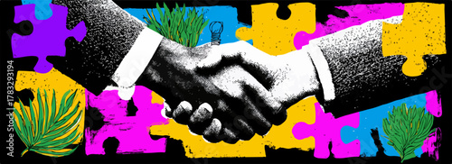Illustration vectorielle d'une poignée de main sur fond de pièces de puzzle et de feuillage, symbolisant collaboration, accord et solutions durables.