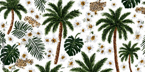 Motif tropical vectoriel sans couture, avec palmiers, feuilles exotiques et fleurs blanches, agrémenté de touches léopard pour un design estival chic.