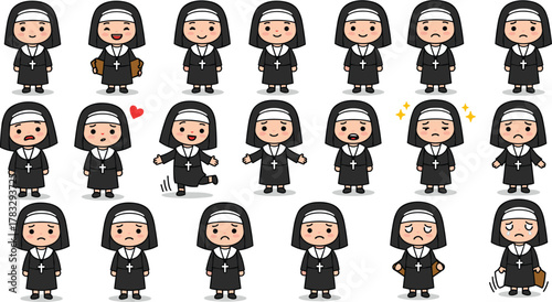 Cartoon nun emotions, expressive character, vector illustration, happy, sad, angry, surprised, love, running, sparkling, crying, thoughtful, confident