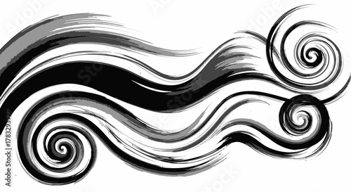 Abstract black and grey brush strokes forming dynamic wavy and swirling patterns on a white background.