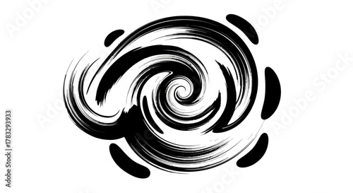 Black and white swirling vortex with brushstroke effect and surrounding oval shapes, creating a dynamic composition.