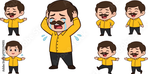 Happy cartoon man, joyful character, smiling illustration, expressive poses, cheerful vector, walking animation, fun emotion, laughing face, comic style, happiness