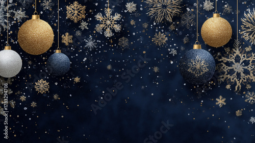 Luxury blue and gold christmas background with ornaments and snowflakes, elegant festive design
