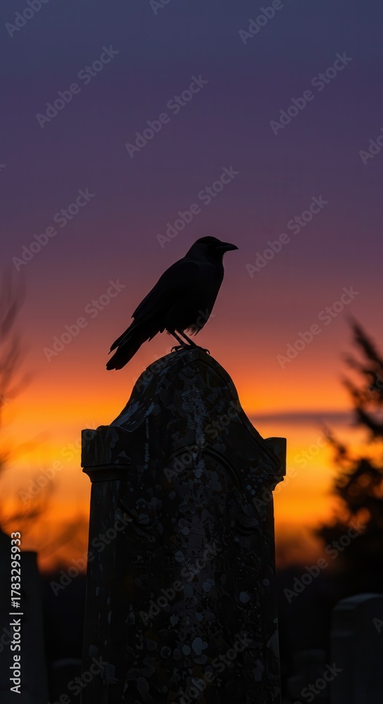 Fototapeta premium Silhouette of a dark bird perched atop an aged stone monument against a vibrant sunset sky