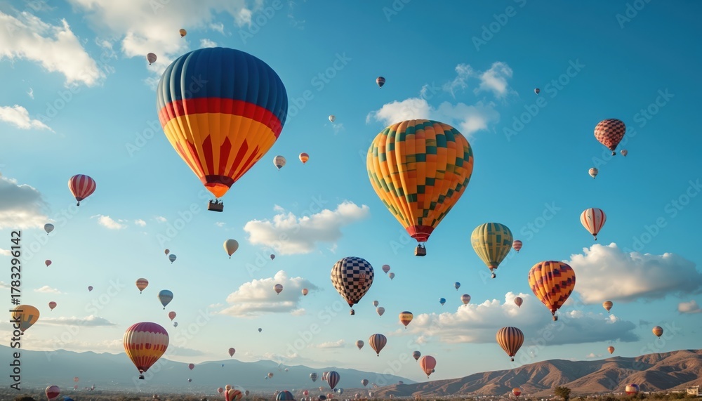 Obraz premium Many colorful hot air balloons fly in blue sky. Festival celebrates ballooning. Aerostats float above ground near mountains. Passengers enjoy views from basket in sky vehicle.