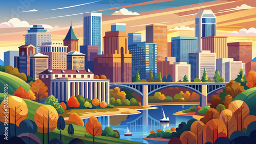 Very beautiful skyline of Richmond, Virginia, USA, featuring modern high-rise buildings, the James River, city bridges, and warm natural light creating a realistic vibrant urban landscape.