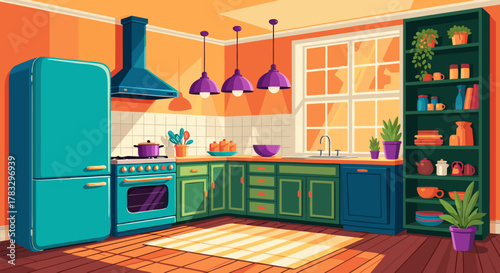 Stylized vector illustration of a cheerful modern kitchen interior with bold colors and warm sunlight from a window. d