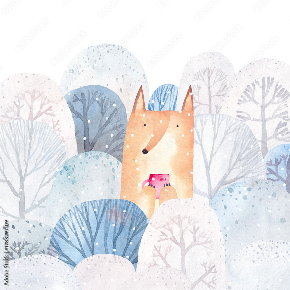 Naklejka premium Winter. Watercolor illustration. Cute fox. Winter watercolor forest. Breakfast in the forest.