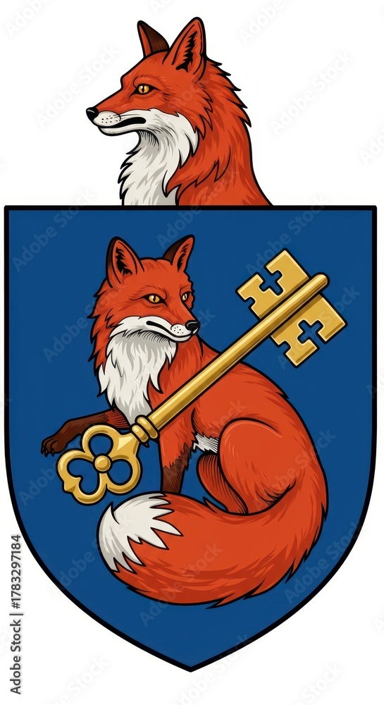 Obraz premium Heraldic coat of arms featuring a red fox clutching a golden antique key on a blue shield