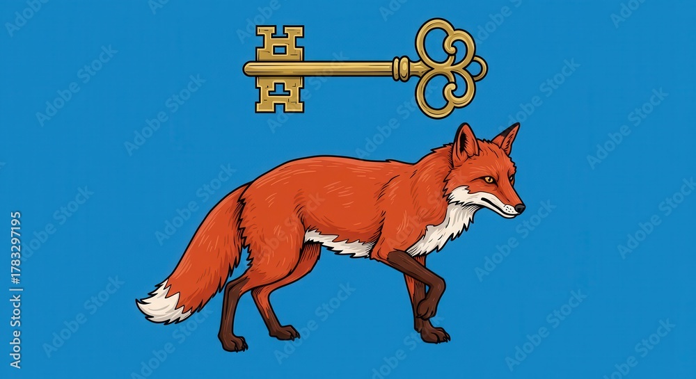 Obraz premium Stylized illustration of a vibrant red fox walking beneath an ornate golden skeleton key against a bright blue background