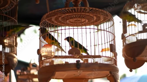 A close-up shot of multiple ornate wooden birdcages, housing brightly colored finches. Light streams through, highlighting details