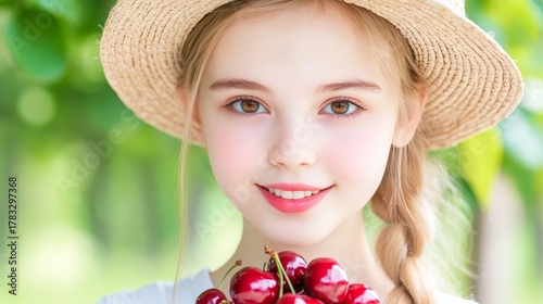 Young woman with long blonde hair smiling outdoors holding fresh cherries and wearing a woven straw hat in a sunny meadow
