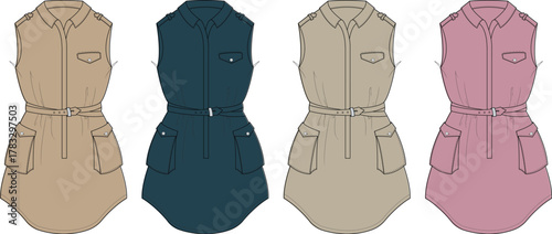 Collection of four stylish sleeveless utility dresses in varied colors, featuring belted waistlines and practical pockets, perfect for casual fashion concepts and design inspiration