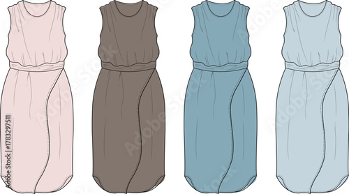 Fashion illustrations of women's dresses in various colors and designs, perfect for apparel design