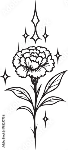 Gothic sigilism tattoo design of a carnation representing love and admiration.