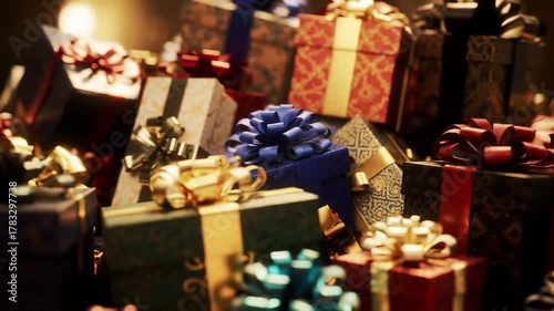 A close-up shot of several wrapped presents stacked together. The gifts have different colors and patterns, with ribbons