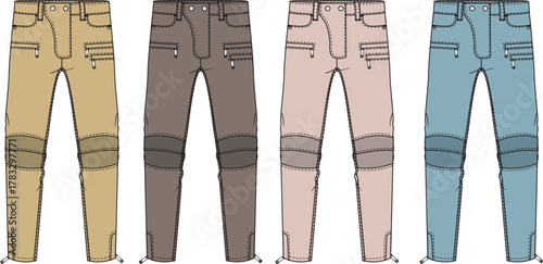 Various colored pairs of jeans with zipper and knee patches illustration, trendy denim pants