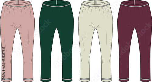 Set of stylish and comfortable jogger pants in varying shades, showcasing modern loungewear essentials for a relaxed yet fashionable look. Apparel flat sketch for clothing design