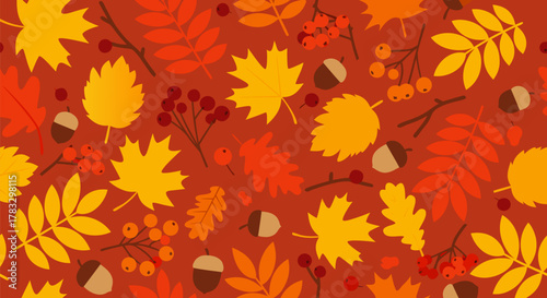 Autumn leaf pattern with berries and acorns, vibrant seasonal foliage illustration