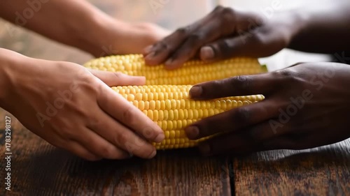 A close-up shot of two pairs of hands holding an ear of yellow corn on a rustic wooden table. The hands gently touch the kernels