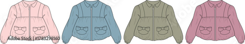 Fashion design collection of casual jacket vector flat sketches for women and children, featuring versatile designs in an array of pastel colors, ideal for clothing mockups