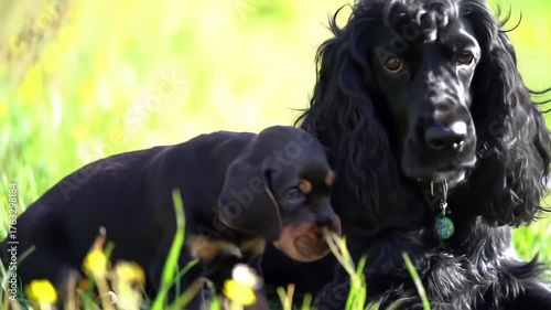 A close-up shot of two dogs, a puppy nestled near a larger dog with black fur, both amidst a lush green meadow, captured in natural lighting