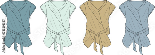 Stylish Women's Wrap Blouses in Muted Color Palette, Showcasing a Casual Yet Elegant Fashion Design Concept for Everyday Wear