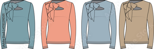 Collection of four long-sleeved tops with bow neck detail in different colorways
