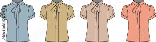 Women's pussy bow blouse fashion flat sketch set. Short sleeve tie-neck top technical drawing template in four color options for apparel design