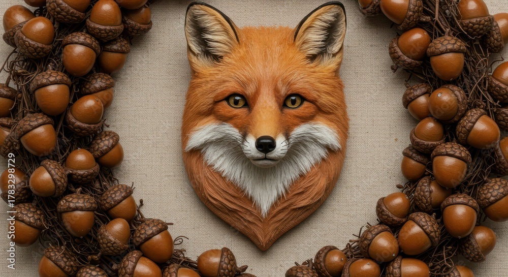 Fototapeta premium Realistic depiction of a fox bust centered within a rustic wreath crafted from numerous brown acorns