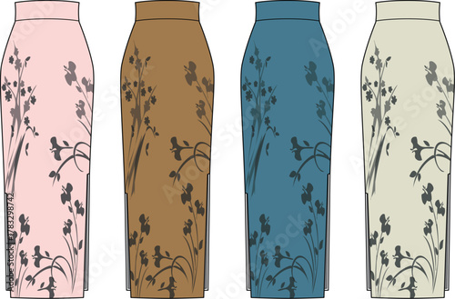 Fashion illustration showcasing a collection of long maxi skirts with an elegant wildflower grass silhouette in four color variations