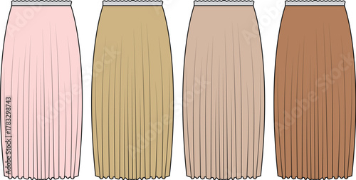 Illustrative fashion flats depicting women's pleated midi skirts, presented in a soft color gradient from blush pink to deep brown, ideal for apparel design and style concepts