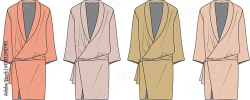 Set of women's bathrobe fashion flat technical sketches. Vector illustration of a robe with a tie belt in multiple color options for apparel design