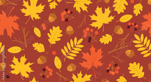 Vibrant Autumn Leaf Pattern with Acorns and Berries on a Rich Red Background