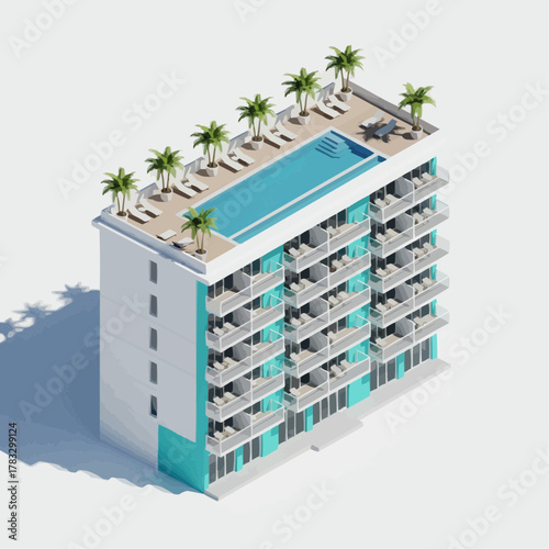 Isometric 3D Beach Resort Hotel Architecture on White Background Vector