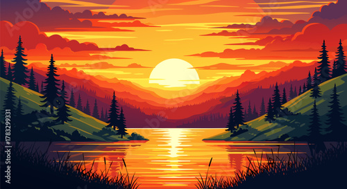 A vibrant pixel art illustration of a glowing sun setting over a tranquil lake, framed by forested mountains under a fiery orange sky
