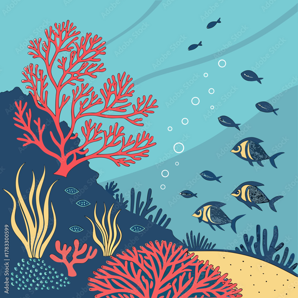 Obraz premium A vibrant underwater scene with coral, fish, and bubbles in blue water
