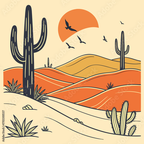 A desert landscape with cacti, rolling hills, and birds flying under the sun
