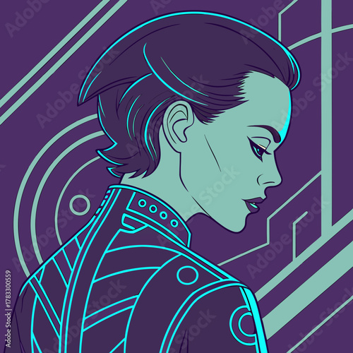 A futuristic woman with short hair gazes over her shoulder in a portrait