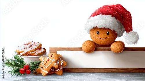Gingerbread cookie character wearing santa hat with blank sign