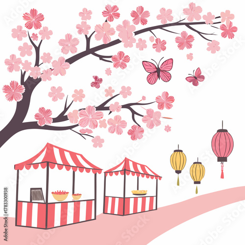 pink cherry blossom tree market stalls clip art preview