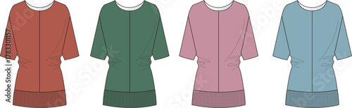 Women's dolman sleeve knit top fashion flat sketch template. Vector illustration of a casual blouse with a cinched waist in multiple color options